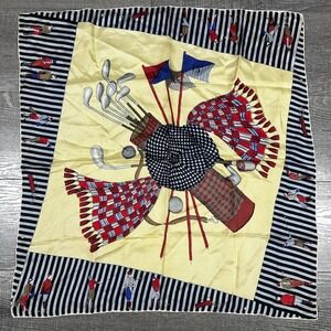 Vintage Golf Themed Silk Scarf Polo Golfers Flags Bag Clubs Yellow Black Red